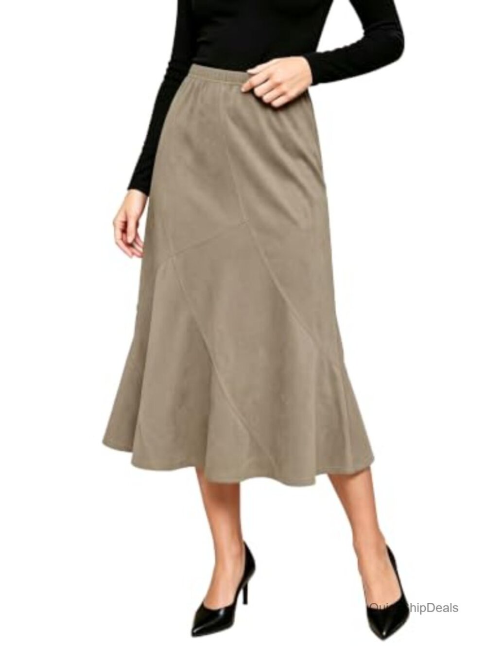 Faux Suede High Waisted A Line Midi Skirt Elastic Waist Pull On